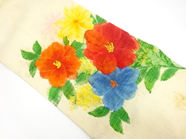 JAPANESE KIMONO / ANTIQUE NAGOYA OBI / MAWATA TSUMUGI / WOVEN FLORAL PLANTS